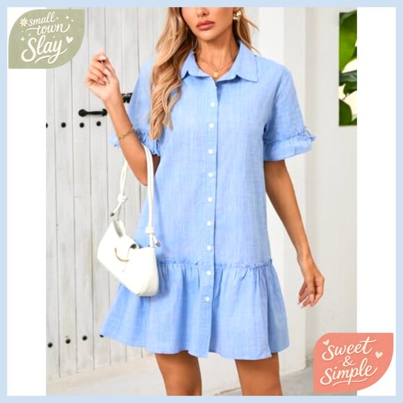 Cotton Linen Mini Dress Drop Waist Button Down Ruffle Sleeves Casual - Picture 5 of 7